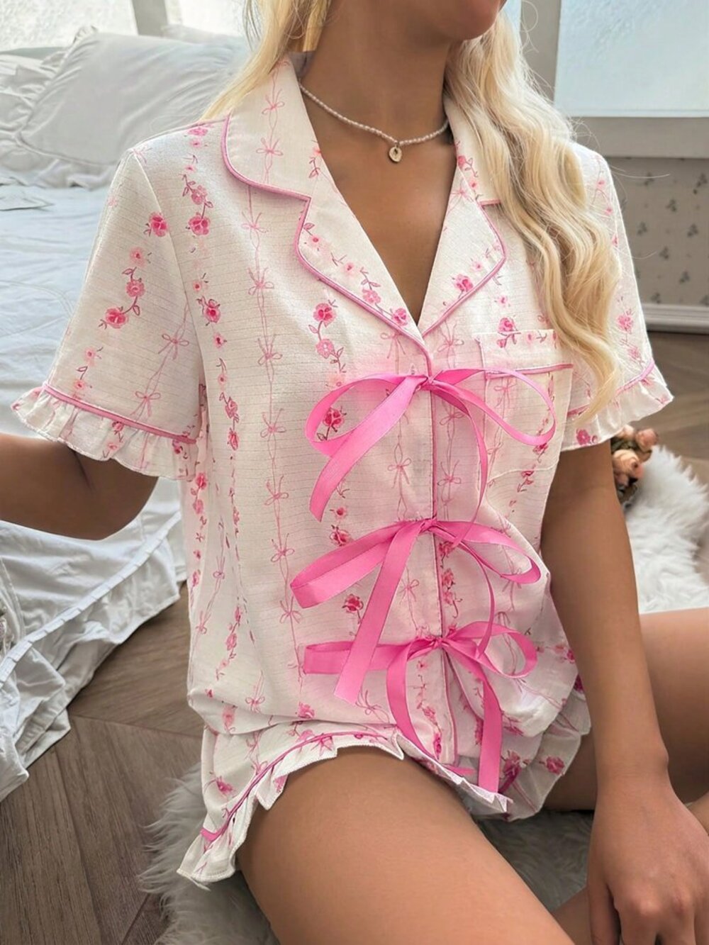 Multicolor Romantic Floral Print Women's Bow Tie French Drawstring Pajama Set - Picture 4 of 6